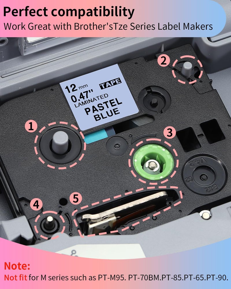 COLORWING 5-Pack Compatible Brother P-Touch Label Tape TZe TZ Tape 12mm 0.47 Laminated Label Maker Tape  for Brother Ptouch PT-D210 PT-H110 PT-D220 PTD610BT D400 D600  White/Berry Pink/Purple/Pink/Blue - Image 2